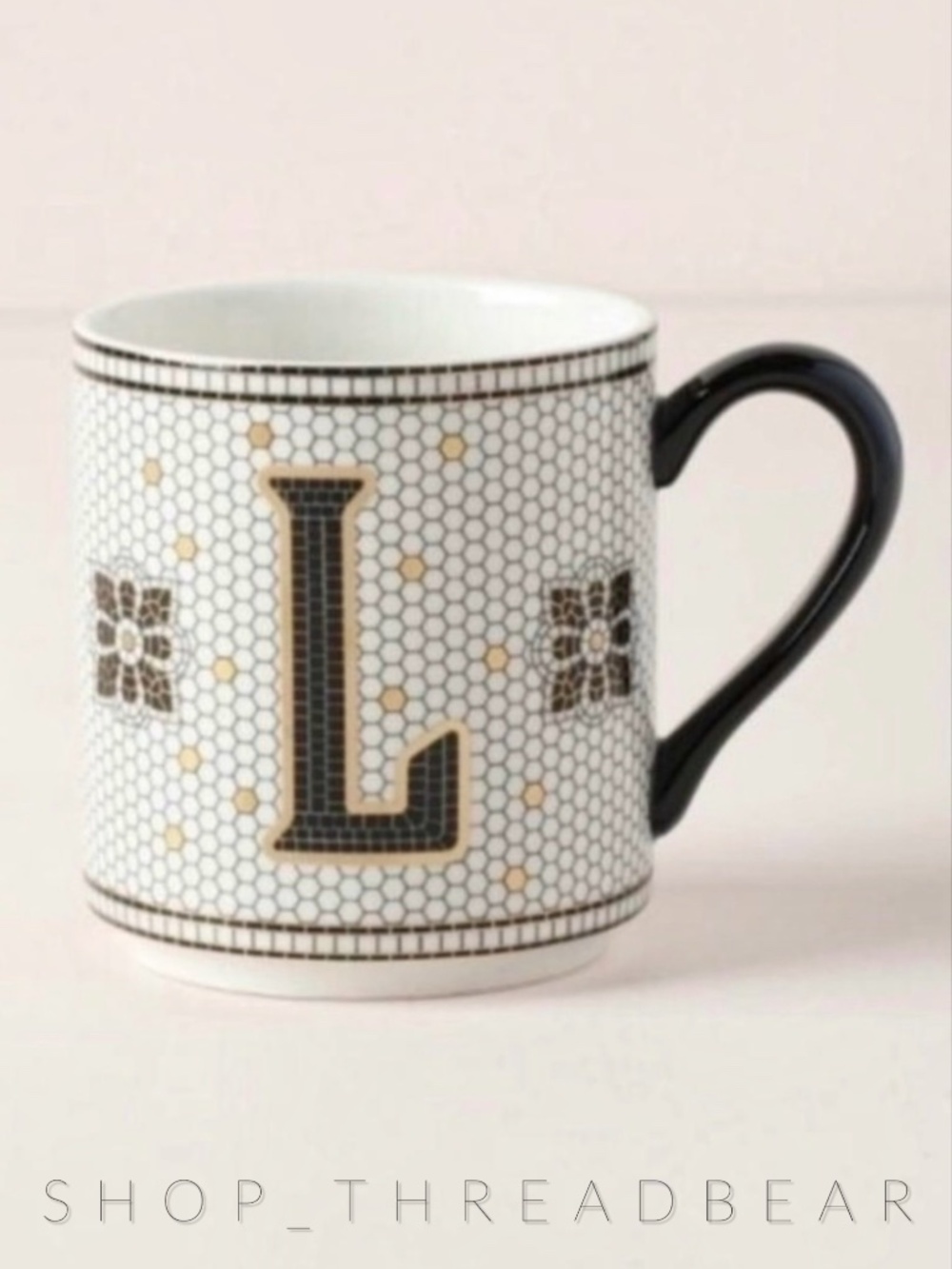 Like New! {Anthropologie} Black & Gold Tiled Margot Monogram Coffee Mug | L Cup